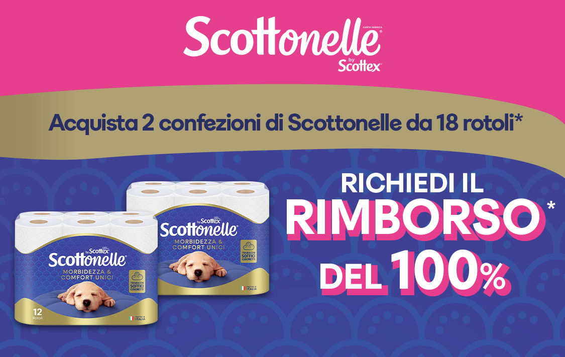 Immagine desktop col titolo dell' Iniziativa Cashback Scottonelle Finiper 2026. Con l’acquisto di 2 confezioni di Scottonelle carta igienica 18 rotoli ricevi il rimborso di 1 confezione